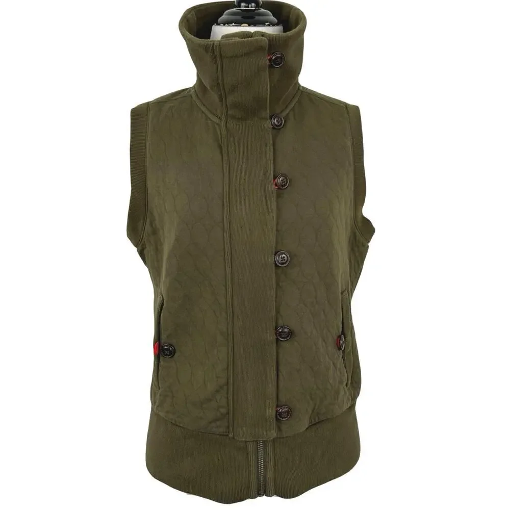 Gap Body Olive Quilted Vest Button Zip High Neck Utility Womens S 2007 - Picture 1 of 8